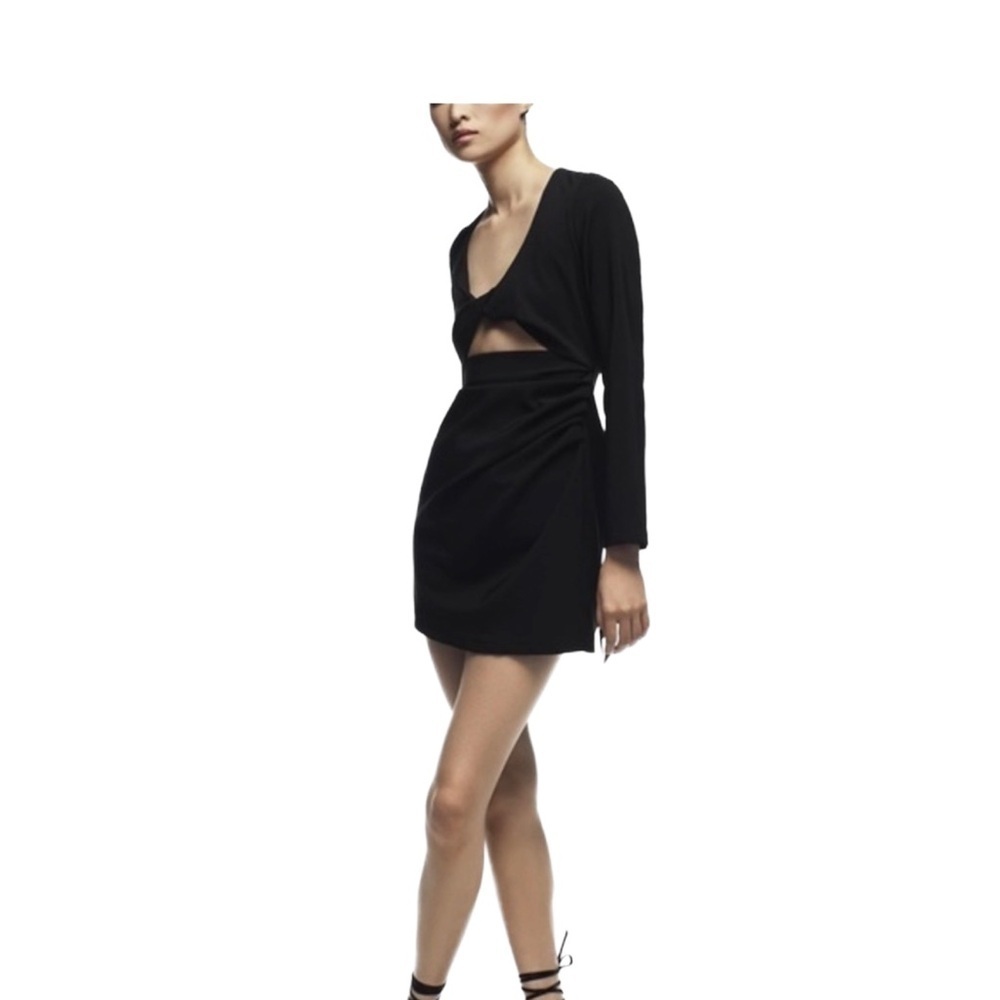 zara long sleeve black mini dress with front cutout
